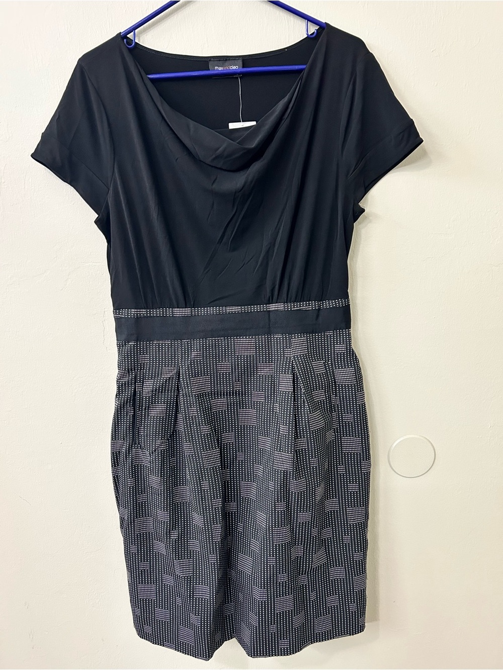 Max and Cleo Black Draped Neck Mixed-Print Bottom Dress Sz 12 NWT Office Siren